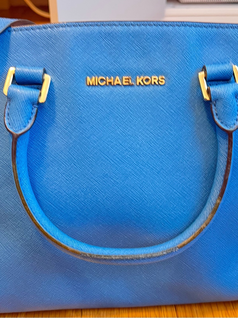 MICHAEL KORS Bright Blue Saffiano Leather Satchel with Gold Hardware